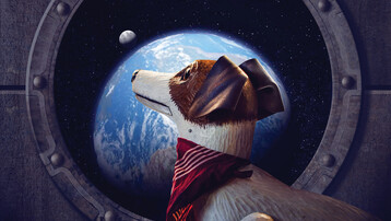 A wooden dog is looking out a rocket window where you can see the earth and the moon