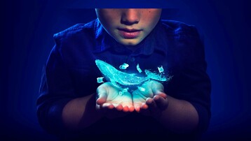 A boy has a magical whale floating in his hands. The whale is a pale see through colour and the light from the whale is lighting up the boy's face.  up.