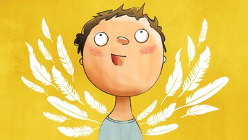 Young boy with brown hair and a blue t-shirt, looks up at the sky. He has wings made of white feathers. There is a yellow background.